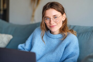 Young Woman Smiles While Working on Laptop at Home in Cozy Living Room During Afternoon