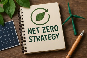 A net zero strategy for environmental concept with solar panel and wind turbine and leaf on wood table.