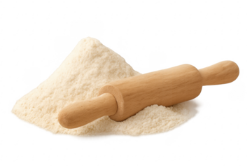 Rolling pin lying on flour pile preparing for baking