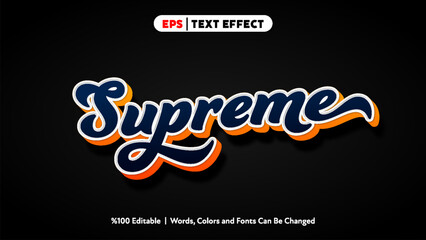 Supreme text effect editable vector design with bold script style and orange shadow on black background