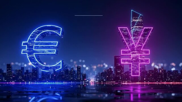 Financial currency exchange featuring euro symbol and yen symbol in blue and pink neon lights.