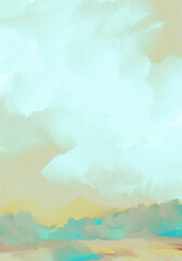 Fototapeta premium Soft Impressionistic Landscape Cloudscape of Sunset or Sunrise Over Hillside Forest w/Soft, Billowy, Pastel Yellow Illuminated Clouds in Sky Above- Texture - In Teals Aqua and Light Pastel Yellows 