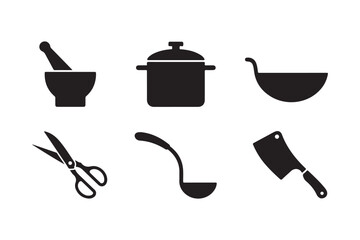Collection of black kitchen utensil silhouettes on white background