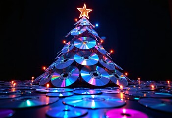 Christmas tree made from old CDs, reflective surface, neon lighting
