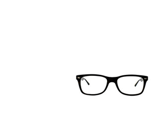 Pair of glasses with a black frames isolated bottom right on a plain white background. Copy space.