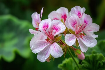Blooming White and Pink Pelargonium Graveolens Flowers Nestled Among Lush Green Leaves in a Vibrant Garden Setting