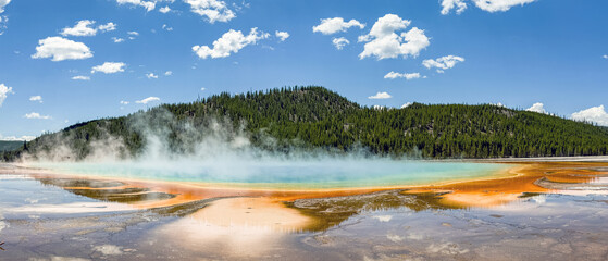 Scenic panoramic view of the Grand Prismatic Spring in Yellowstone National Park. No people.