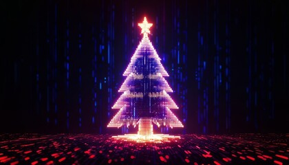 A Christmas tree made of pixels and lights, digital style, cyberpunk atmosphere