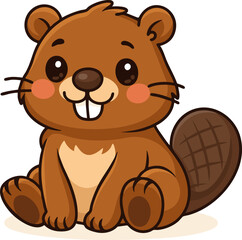 Cute kawaii-style beaver sitting with a big smile and fluffy tail, perfect for forest, nature, or wildlife-themed designs.