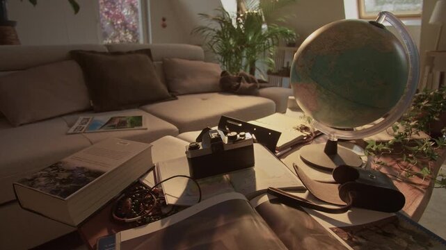 Explore a detailed globe model replica in cozy living room setting