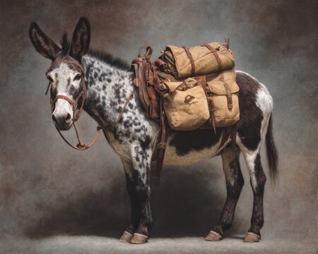 Spotted Pack Mule Waiting with Tied Gear in Rustic Setting