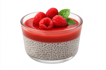 Chia pudding with raspberry compote and fresh mint