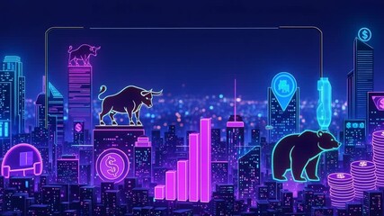 Neon cityscape in night with bull and bear symbols representing financial markets, representing stock market, as well as growing graph. Neon cityscape details currency and digital indicators. - Powered by Adobe