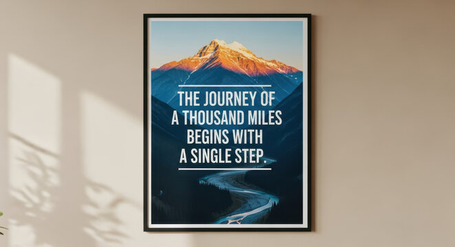 Framed motivational quote poster hanging on wall with phrase journey quote, journey of a thousand miles. Inspirational journey quote on poster with mountain and path.