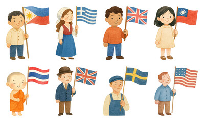 Children holding diverse national flags.