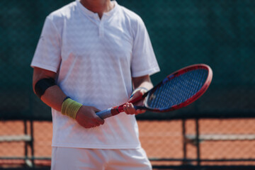 Tennis tournament championship on outdoor clay court with net, professional athletes play in motion...