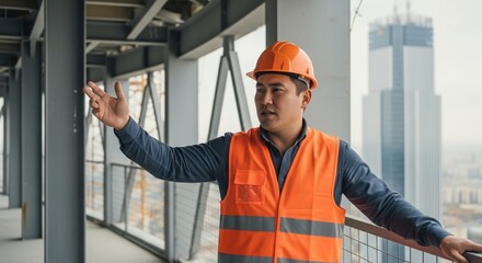 Asian construction engineer in hard hat explaining project at building skyscraper site