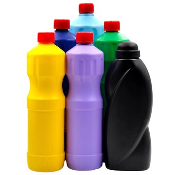 Photo of an assortment of colorful detergent bottles in various colors, isolated on white background.