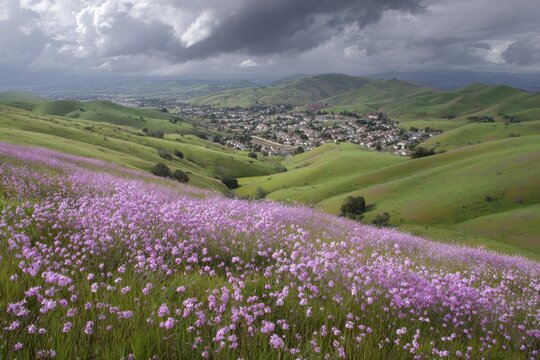 Overcast Day Over Grassy Hilly Landscape with Pink and Purple Wildflowers in Livermore, California with Ruby Hill Neighborhood in Pleasanton in the Distance