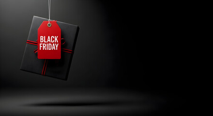 Premium Black Friday gift concept with a floating black box wrapped in red ribbon and a sale tag under a spotlight on a dark background for luxury retail promotions