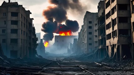 War concept. Destroyed city streets cityscape. Post-apocalyptic war burning and smoking city streets - Powered by Adobe