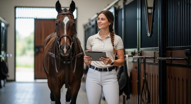 Female veterinarian or manager with tablet working with horse in modern equestrian stable