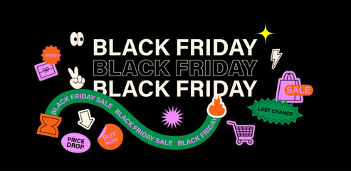 Black Friday web banner with y2k stickers minimal style. Black friday sale poster template.