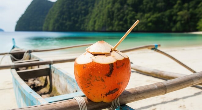 Fresh coconut drink with a straw on a traditional outrigger boat on a tropical beach