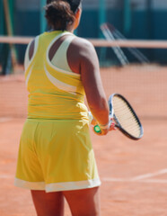 Tennis tournament championship on outdoor clay court with net, professional athletes play in motion...