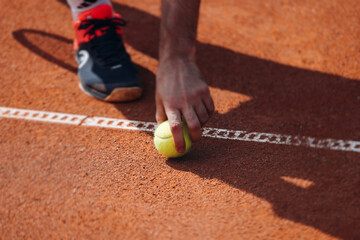Tennis tournament championship on outdoor clay court with net, professional athletes play in motion...