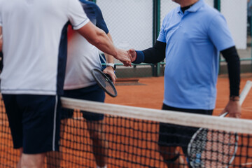 Tennis tournament championship on outdoor clay court with net, professional athletes play in motion...