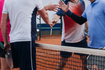 Tennis tournament championship on outdoor clay court with net, professional athletes play in motion with rackets serve tennis ball during tennis match game, tennis training in a sunny day on a stadium