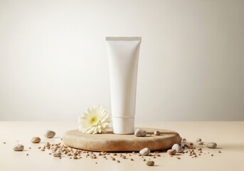 Skincare cream tube placed on a stone with flowers and pebbles  