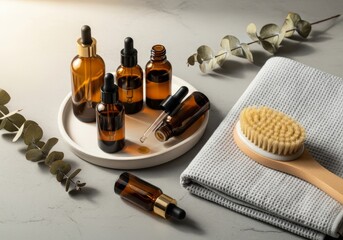 Assorted skincare bottles arranged on a plate with towel and brush  