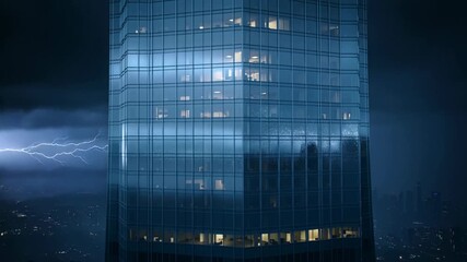 Storm reflection on city skyscraper window during lightning strike, showcasing illuminated interiors amidst dark clouds. - Powered by Adobe
