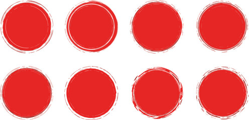 Collection of red circular frames with grunge and distressed effects on a white background, ideal for graphic design elements and artistic embellishments