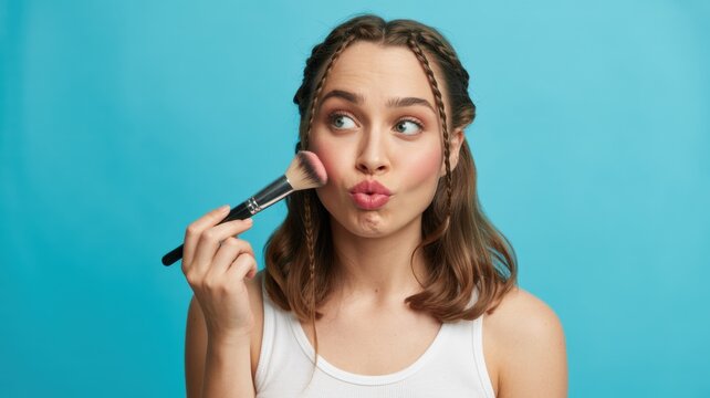 Young woman applying blush with a makeup brush pouting her lips isolated on a blue background