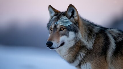 Fototapeta premium Close up portrait of a wolf with sparkling diamond pattern on forehead in snowy landscape animal wildlife