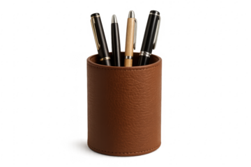 Leather pen holder with multiple writing pens on transparent background