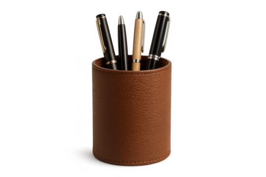 Leather pen holder with multiple writing pens on transparent background