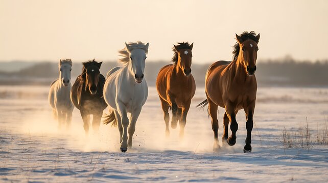 Herd of wild horses running through a snowy winter landscape at sunset galloping