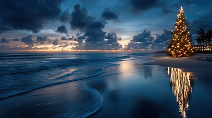 A glowing Christmas tree stands on a tranquil beach, its lights reflecting in the ocean at sunset, creating a serene festive atmosphere.