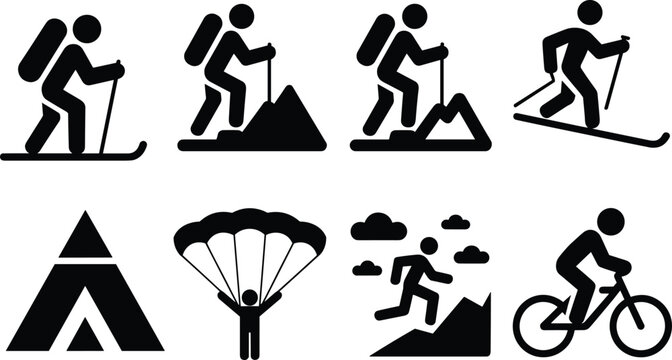 PrintOutdoor activity icons, adventure sport silhouettes, hiking, skiing, parachuting, camping, biking, trail running, black vector graphic, nature recreation