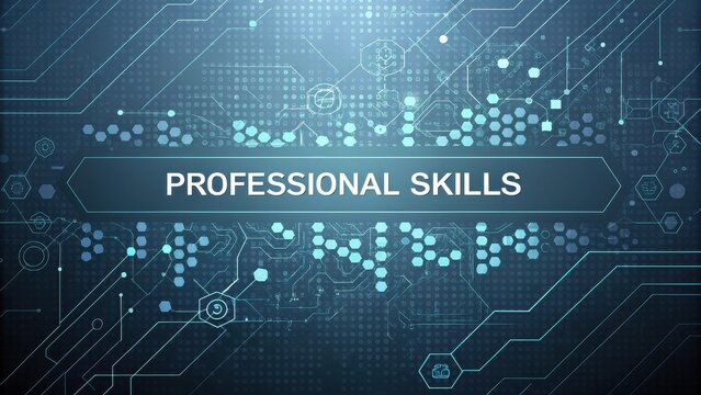 Abstract blue digital tech pattern background with professional skills text overlay