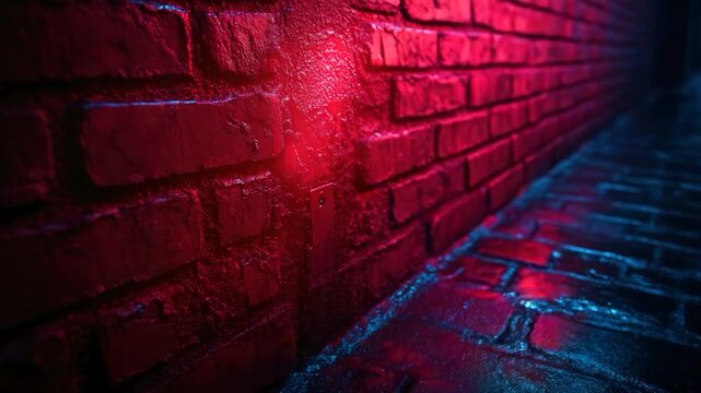 A single red light shining on a textured brick wall