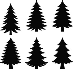 Obraz premium PrintPine tree silhouettes, black forest icons, stylized evergreen shapes, winter nature graphic, holiday design elements, conifer tree illustration, vector art, outdoor theme