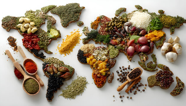 A world map filled with a variety of global foods arranged to symbolize cultural diversity in international cuisine