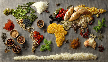 A world map filled with a variety of global foods arranged to symbolize cultural diversity in international cuisine