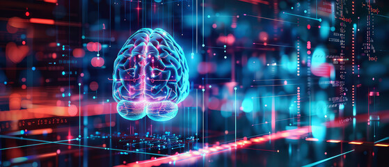 Futuristic 3D hologram of a human brain with glowing neural connections and data streams. Concept of artificial intelligence, neuroscience, and digital innovation in technology and medicine.