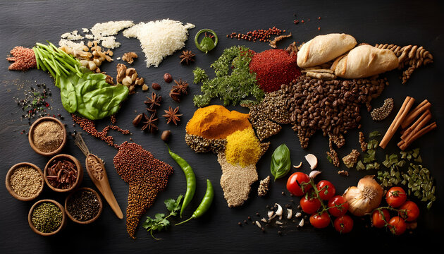 A world map filled with a variety of global foods arranged to symbolize cultural diversity in international cuisine
